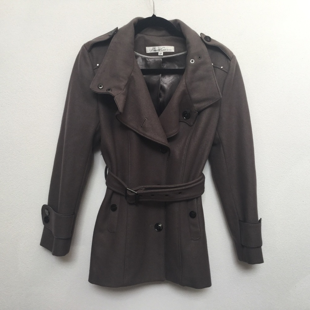 Kenneth Cole New York Taupe Wool Peacoat Size 8P Warm Winter Button Belt